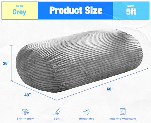 Image of Hobestluk 5FT Bean Bag Chairs Adult Bean Bag with Portable Handle Comfy Large Bean Bag Lounge Chair with Removable Cover for Living Room Bedroom (Stripe Grey, 5FT)