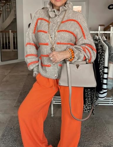 QIBABU Womens Striped Cardigan Sweaters Casual Button Down Chunky Ruffle Open Front Knit Outwear4