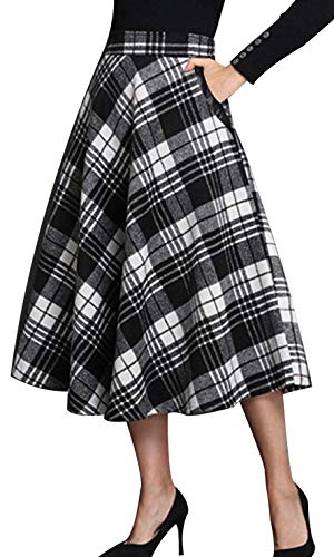Womens High Waisted A-Line Flare Long Plaid Wool Tartan Maxi Skirt Black XL