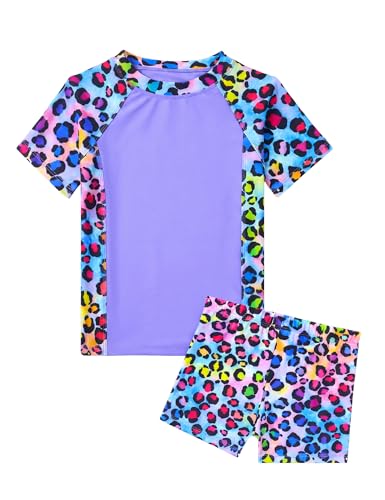 Image of Girl Swimsuits 2 Pieces Multicolor Short Sleeve Quick Dry Durable Rash Guard Set with Shorts