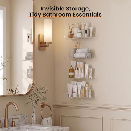 Image of upsimples 9 inch Acrylic Shelves, Small Shelf for Wall Decor and Display, 4 Pcs | Small Floating Shelf for Plants, Speaker, Toys, Invisible Wall Display for Bathroom, Bedroom, Living Room, Room Decor