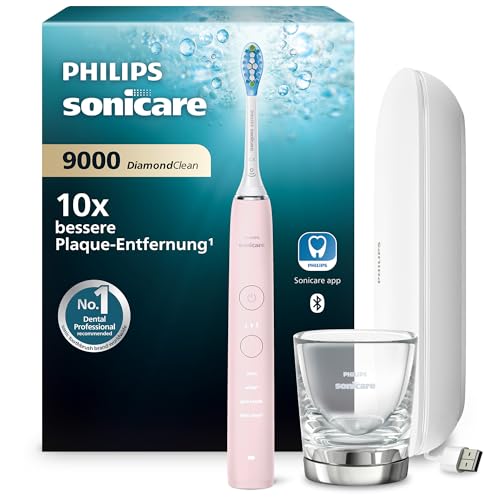 Philips Sonicare DiamondClean 9000 elektrische Zahnbürste, Schallzahnbürste mit App, Andruckkontrolle, 4 Putzmodi, 3 Intensitätsstufen, Ladeglas und USB-Transporttasche, Rosa, Modell HX9911/29