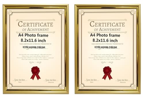 Image of A4 Size Certificate, Document Photo frames set of 2 For Home Decoration, Living Room, Office Decoration, painting & gift in awards frames size (8.2 x 11.6 inch)Golden color curve design