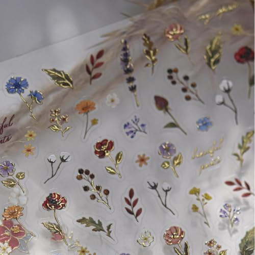 Image of 5D Embossed Nail Sticker Decals Flower Nail Art Stickers Small Plant Leaf Nail Decals with Design Self Adhesive for Women Nails Charsm DIY Decoration