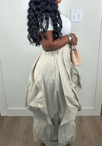 Women's Cargo Loose Pants Casual Baggy Elastic High Waisted Ruffle Barrel Patchwork Pants with Drawstring2