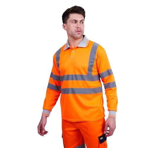 HuntaDeal Hi Viz Long Sleeve Polo Shirt High Visibility Reflective Tape Workwear for Safety & Security | Breathable Lightweight Double Tape Hi Vis T Shirt for Men & Women Orange