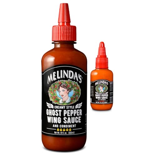 Melinda’s Ghost Pepper Wing Sauce - 1 Pack 12 Oz &Mini - Gourmet Spicy Hot Sauce - Made with Fresh Ingredients, Ghost Peppers (Bhut Jolokia), Habanero Pepper, Carrot, Garlic, Lime - Vegan, Gluten Free