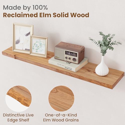 Image of Floating Shelves for Wall Decor, Rustic Solid Elm Wood Live Edge Floating Shelves Wall Mounted, Wall Shelves with Invisible Bracket for Living Room Bathroom Bedroom Kitchen, 36 Inch Set of 2, Natural