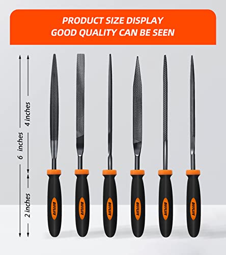 Difflife Needle File Set (Carbon Steel 6 Piece-Set) File Handles, Hardened Alloy Strength Steel - Set Includes Flat, Flat Warding, Square, Triangular, Round, And Half-Round File(6-Piece) #TOP2