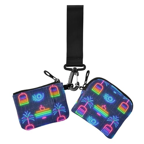 Carteras dobles de verano con diseño de barco de neón y árbol de coco para mujer, billetera fina y plana con cremallera con correa de muñeca para mujer, 2 paquetes, Árbol de coco de barco de neón de
