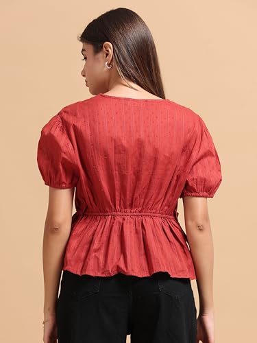 Image of Glam & Chique Women's 100% Cotton Textured Dobby Lace Panel Peplum Crop Top XS-2XL