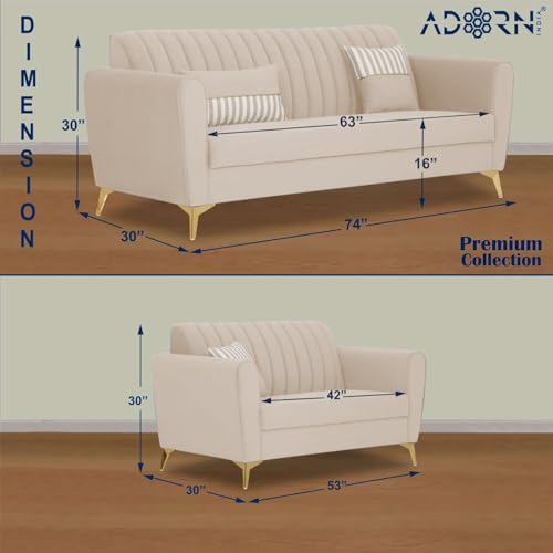 Image of Adorn India Premium Luster 3-2 Sofa Set | Velvet Suede Fabric | 3-Year Warranty | Color Cream with Golden Legs & Striped Pattern Cushion