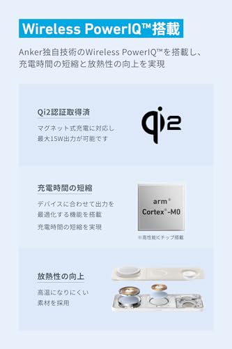 undefined Anker MagGo Wireless Charging Station (3-in-1 Pad) Qi2対応 マグネット式 3-in-1 ワイヤレス充電ステーション/ワイヤレス出力/Apple Watchホルダー付 MagSafe対応 iPhone 16 /15 / 14 / 13 ホワイト の商品画像 3