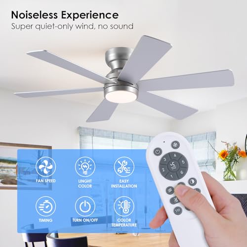 Ceiling Fans with Lights,46" Low Profile Ceiling Fan with Light and Remote Control, Flush Mount, Reversible, Dimmable, Quiet, Silver Small Ceiling Fan for Bedroom by Asyko - Image 3