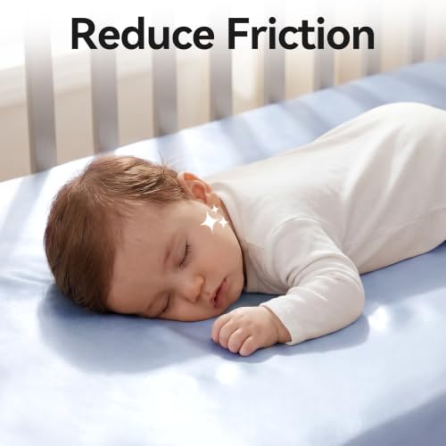 Image of Satin Crib Sheet for Baby Hair Care - Oeko-TEX Certified Silky Soft Fitted Mattress Cover 28x52 - Breathable & Gentle on Skin, Snug Fit for Standard Crib (Light Blue)