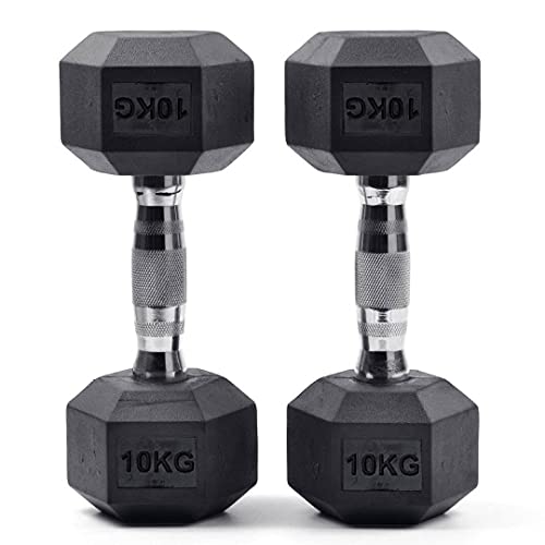 Lions 10KG x 2 Rubber Coated Hex Dumbbells Cast Iron Weight Set with Ergonomic Metal Handle Free Weights for Home Gym Fitness & Strength Training