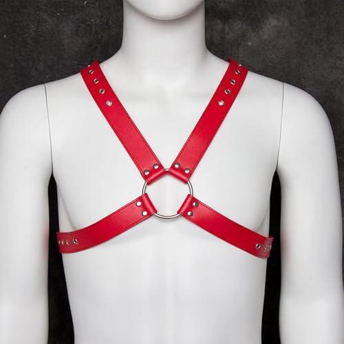 Punk Body Brust Harness für Herren - Leder Brustgurt, Gothic Kleidung Einstellbar, Sexy Sklave Bandage Kostüm, Schultergurt für Cosplay Nachtshow-Kostüm Clubwear (Rot)