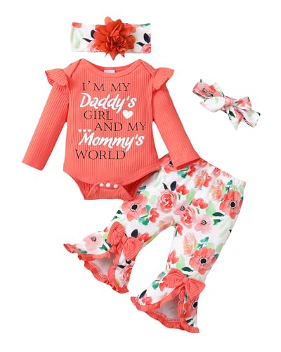 Image of SUNNY PIGGY Newborn Baby Girl Clothes Infant Outfits Romper Floral Fall Outfit Bell Bottoms Pant Sets Hat Headband Flowerpant