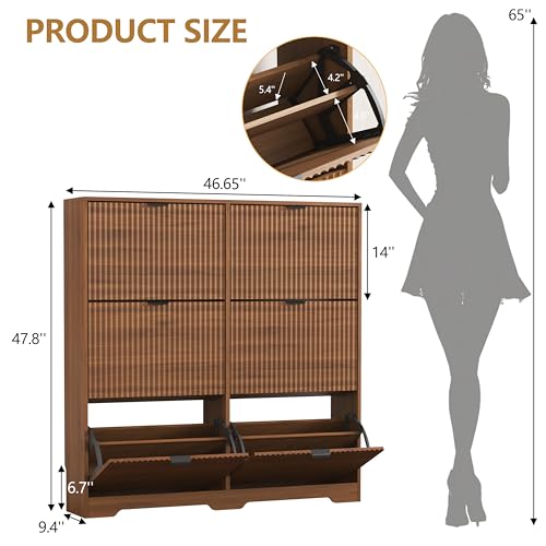 Image of Shoe Cabinet Storage for Entryway with 6 Flip Drawers, Walnut Fluted Shoe Cabinet with Adjustable Shelves, Wooden Hidden Shoe Rack Freestanding Narrow Slim Shoes Storage for Hallway, Entrance