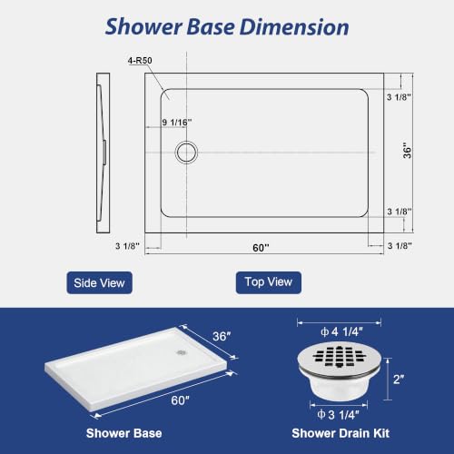 Image of KPUY 60'' L X 36'' W Shower Base Pan with Reversible Install, White