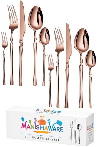 Image of Elegant Handle Rose Gold 10 Pcs Stainless Steel Cutlery Set for Dining Table, Dishwasher Safe Glossy Flatware (2 Spoon Set+2 Forks Set+2 Butter Knife+2 Dessert Spoon+ 2 Fruit Fork)