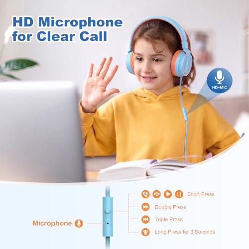 Image of AILIHEN I35 Kids Headphones for School with Mic, 93dB Safe Volume, Blue Pop | Wired On Ear Headphones for Girls Boys, Foldable Lightweight Headphone for Classroom Learning & Entertainment Travel Computer