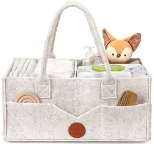 Image of Maliton Felt Diaper Caddy Organizer for Changing Table - Large, White | 15x9x7 inch Portable Nursery Storage Bin and Car Organizer for Diapers, Wipes. Boy & Girl Shower Gift Basket, Baby Essentials