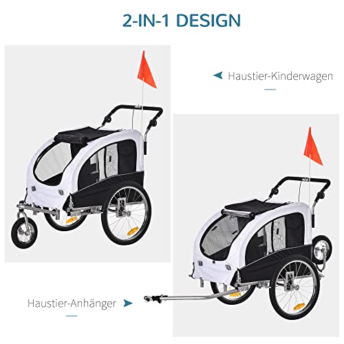 PawHut 2 in 1 Hundeanhänger Jogger Fahrradanhänger Hunde Hunde-Fahrradanhänger Weiß+Schwarz 155 x 83 x 108 cm