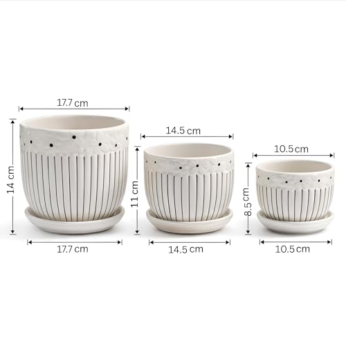 Image of Xtore Graceful Embossed Ceramic Planter Set of 3 with Drain Trays | Floral Textured Indoor Pots for Living Room, Balcony & Shelf Decor (Pack of 3, Planter only)