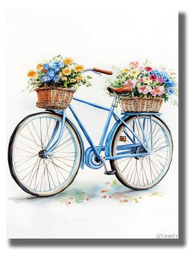 Bicycle with Flowers Canvas Wall Art Watercolor Prints Colorful Floral Pictures Blue Bike Poster for Home Decor 12x16inch Without Frame