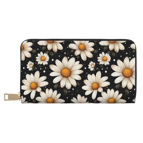 Leather Thin Slim Wallets for Women & Men - Dark Daisy Garden Print Card Wallet Holder with Zipper