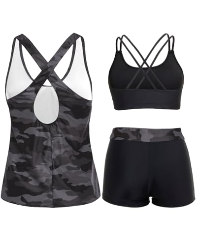 Image of Holipick 3 Piece Tankini Swimsuits for Women Tummy Control Bathing Suits Swim Tank Top with Bra Boy Shorts Teen Swimwear 2026