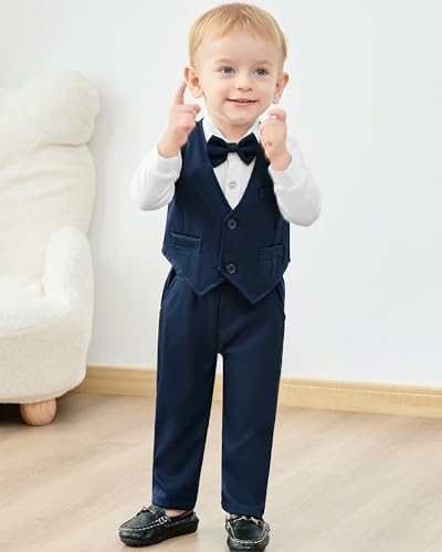 YUEMION Baby Boy Clothes Wedding Outfit Suits, 0-18 Months Infant Boy Gentleman Set, Dress Shirt+Vest+Suspender Pants+Bowtie2
