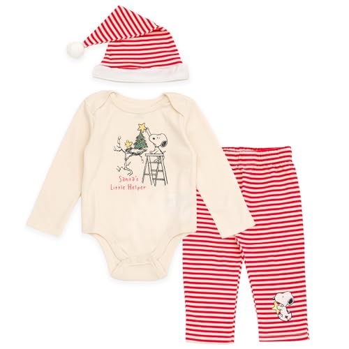 Peanuts Christmas Newborn Baby Boys Bodysuit Pants and Velour Santa Hat 3 Piece Outfit Set Cream Beige/Red 3-6 Months