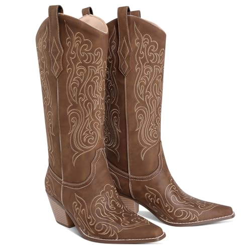 LOCERICH Women Knee High Boots Cowgirl Boots Cowboy Tall Boots Western Wide Calf Ladies Low Chunky Heel Snip Toe Comfortable Dress Boot with Embroidered2