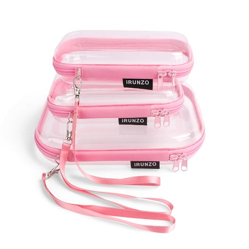 iRUNZO 3 PCS Clear Hard Shell Zipper Case With Handle Strap，Clear Plastic Waterproof Cosmetic Makeup Bags Toiletry Pouches for Travel With Double Zipper，Kid's Toy Storage Organizer Bins Box