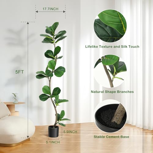 S-Shape Artificial Fiddle Leaf Fig Tree, 5ft Tall Fake Plant with Black Nursery Planter, Faux Ficus Tree for Home Office Living Room Decor