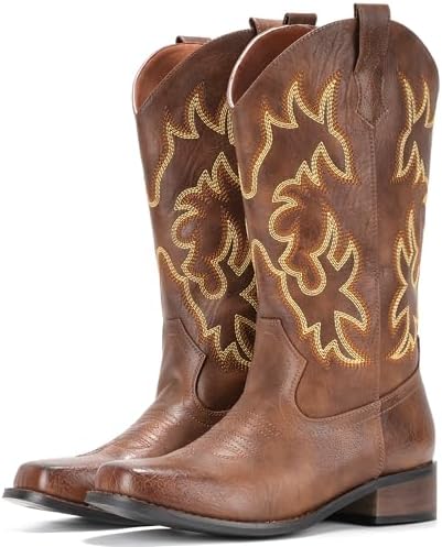 IUV Cowboy Boots For Women Square Toe Cowgirl Boots Mid Calf West...