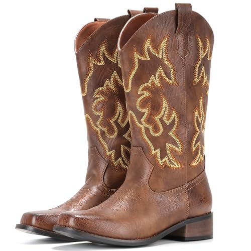 IUV Cowboy Boots For Women Square Toe Cowgirl Boots Mid Calf Western Boots Pull On Fashion Cowboy Boots