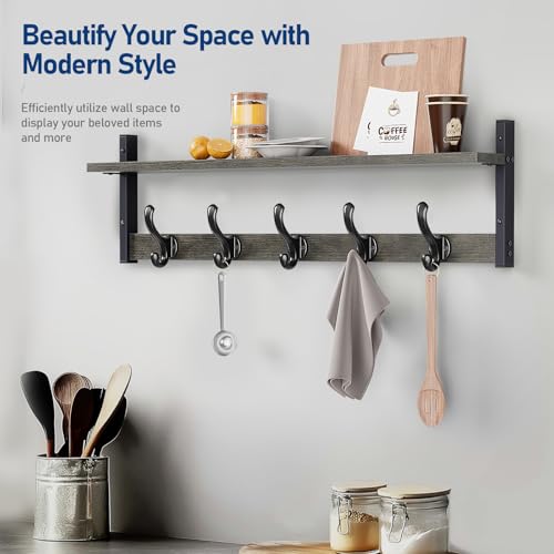 Image of Tatub 29 inch Rustic Coat Rack Wall Mount with Shelf, Entryway Wall Hooks with Shelf, Coat Hangers for Bathroom, Living Room, Bedroom, Dark Grey