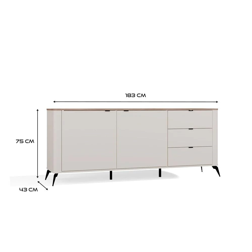 CDF Cómoda Cordoba Elegante 2D3S 183cm Ancho 2Puertas 3Cajones Cierre Suave Gris Roble Design Escandinavo Almacenaje Generoso Práctico Dormitorio Salón Oficina Niños Moderno