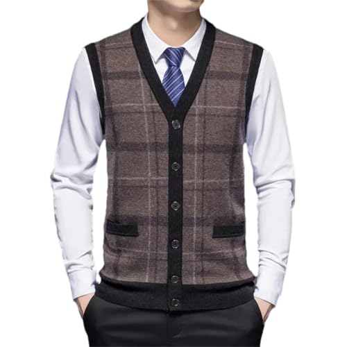 Men's Knitted Cardigan Vest Thickened Plaid Jacquard Design Winter Warm Casual Sleeveless Sweater Waistcoat
