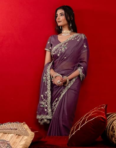 Image of SIRIL Women's Georgette Embroidery Saree With Unstitched Blouse