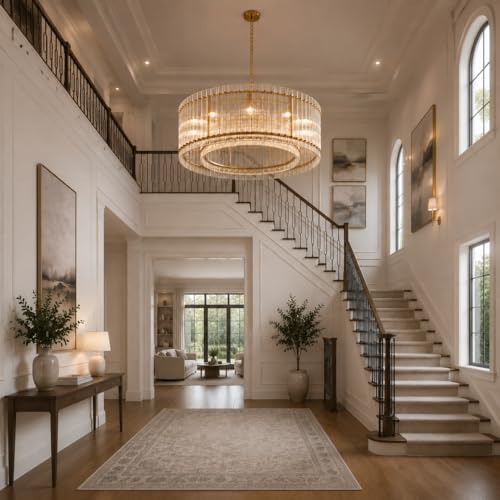 Image of 48-Inch Ripple Glass Chandelier, 2-Tier 10-Light Large Brass Round Chandelier for Dining Rooms, Living Rooms, Foyers, Staircases, Open-Concept Spaces & High Ceilings