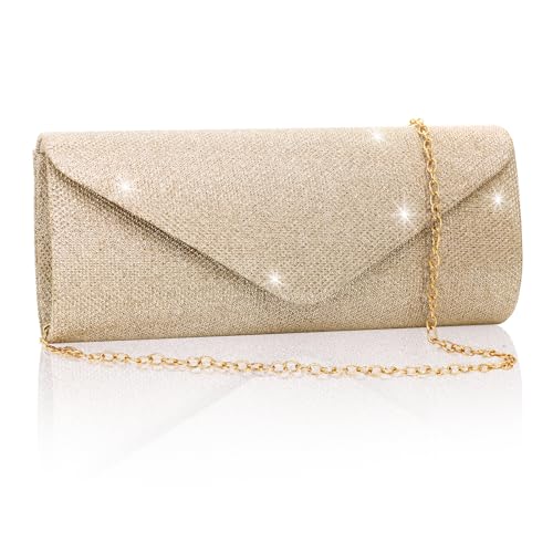Clutch Purses for Women,Evening Bag Envelope Clutch with Detachable Chain Sparkle Elegance (Champagne Gold)