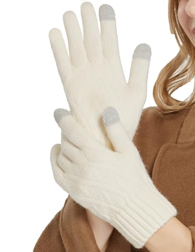 QICEDER Winterhandschuhe für Damen Touchscreen Handschuhe Strick Fingerhandschuhe Sport Warm und Winddicht Winterhandschuhe (Weiß)