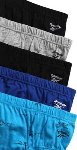 Reebok Mens Low Rise Briefs - 5 Pack Soft Mens Cotton Underwear Briefs with Supportive Contour No Fly Pouch for Everyday Wear, Size Large, Black/Surf the Web/Heather Grey/Print/Black