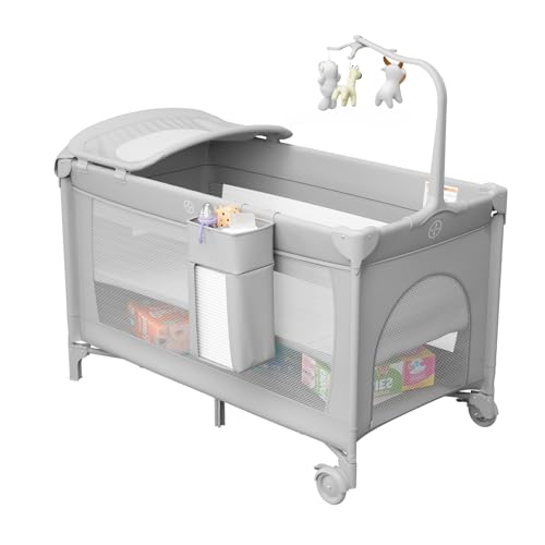 Image of 4 in 1 Pack and Play with Changing Table Diaper Organizer & Mattress, Foldable Baby Bassinet Bedside Sleeper, Portable Large Travel Crib Playpen for Newborn to Toddles (Grey)