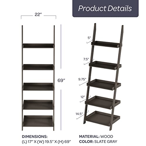 Lavish Home Ladder Bookshelf- 5 Tier Leaning Decorative Shelves For Display, Gray #TOP5