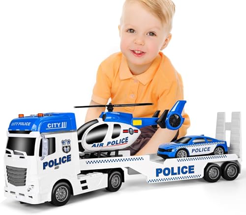Auirshiky Camion Police Dépanneuse Jouet, Son et Lumière Voiture Enfant, 3 in 1 Grand Jouet de Camion Véhicules, Véhicule de Transport, Cadeau pour Garçons Fille 1 2 3 4 5 6 Ans